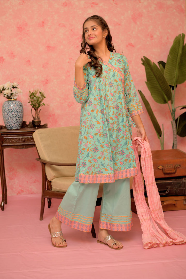 Cotton Lawn Gold Print Sea Green Stitched Suit - Senorita