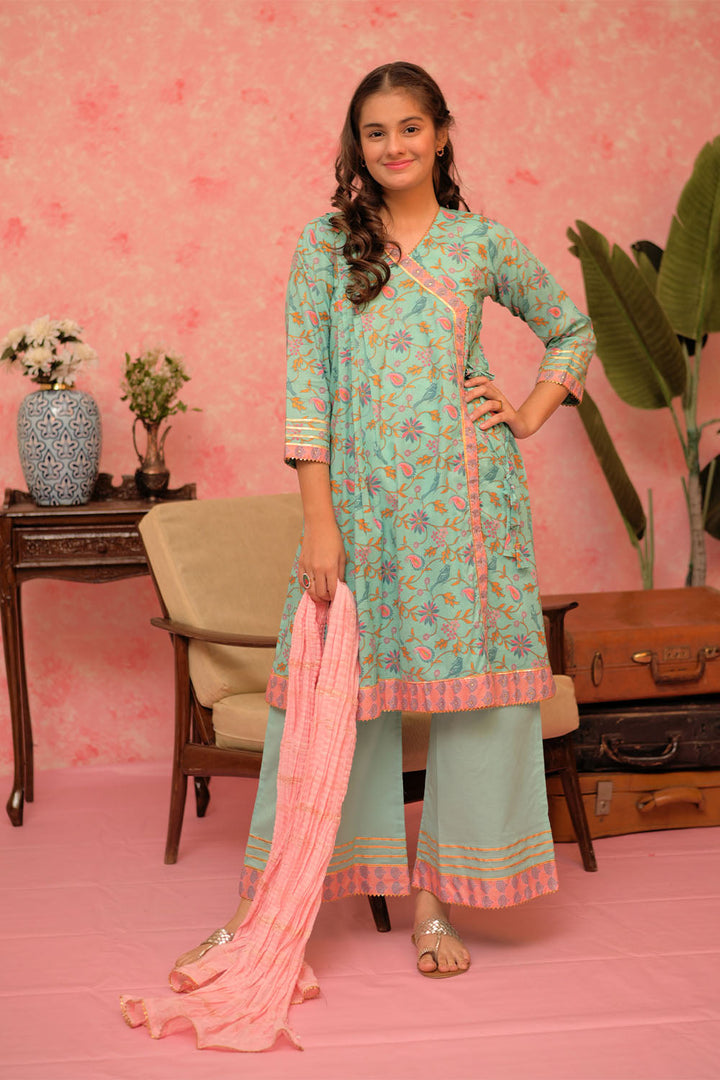 Cotton Lawn Gold Print Sea Green Stitched Suit - Senorita