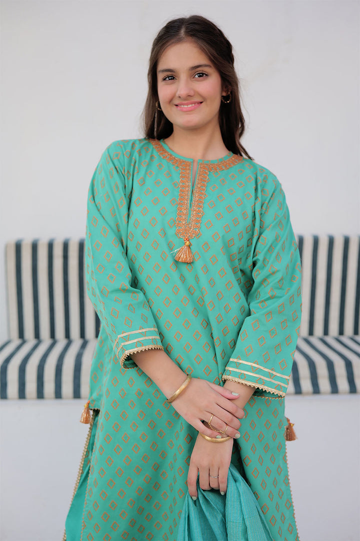 Cotton Jacquard Sea Green Stitched Suit - Senorita