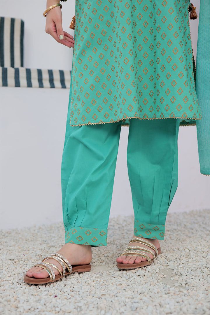 Cotton Jacquard Sea Green Stitched Suit - Senorita