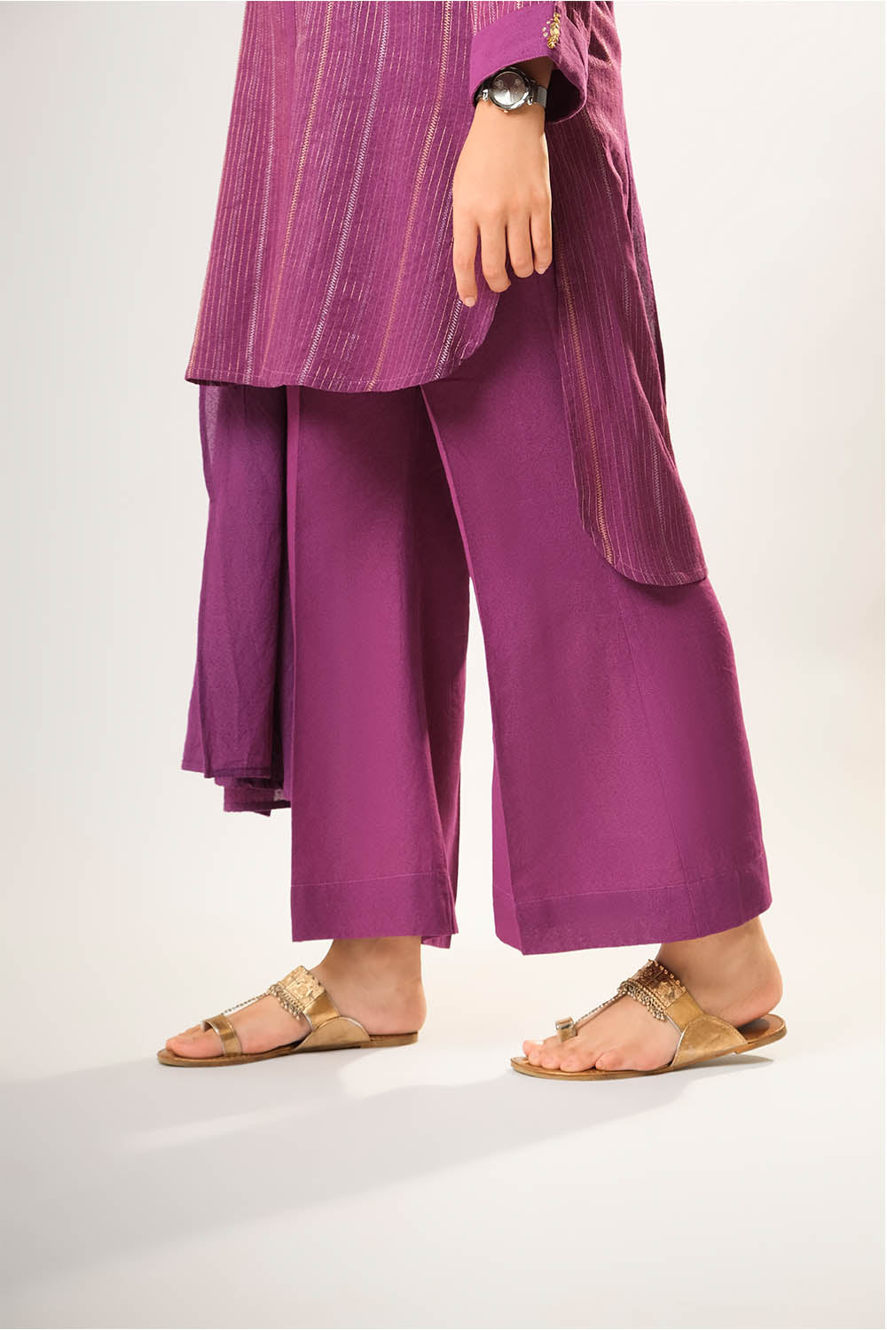 Cotton Karandi Dobby Purple & Gold Stitched Suit - Senorita