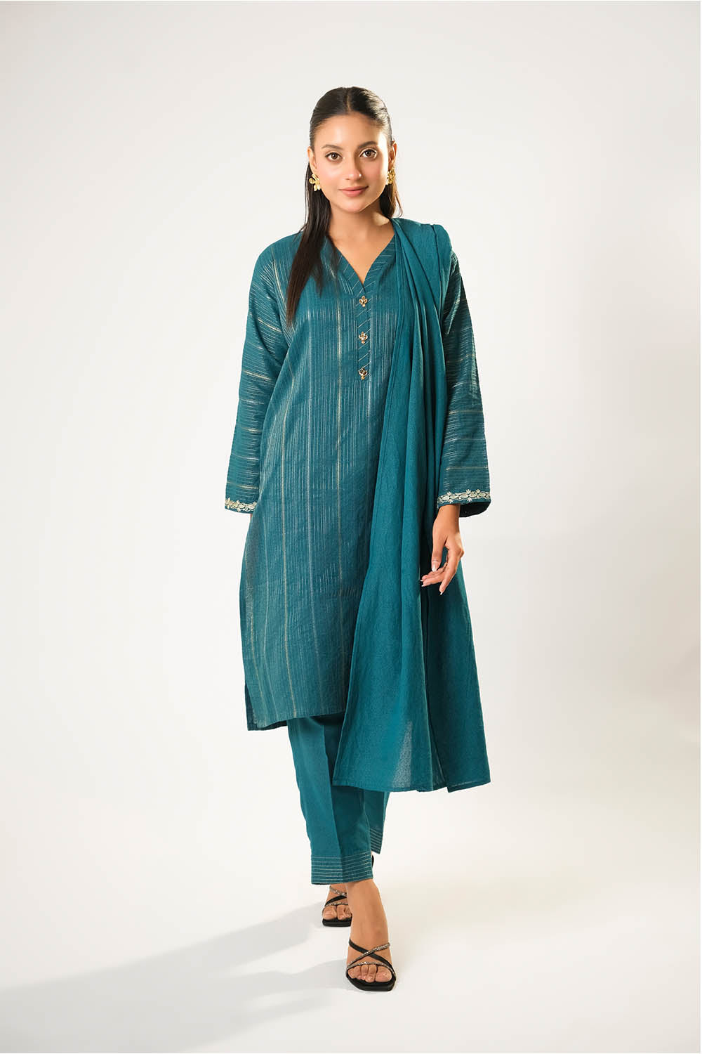 Cotton Karandi Dobby Turquoise Stitched Suit - Senorita