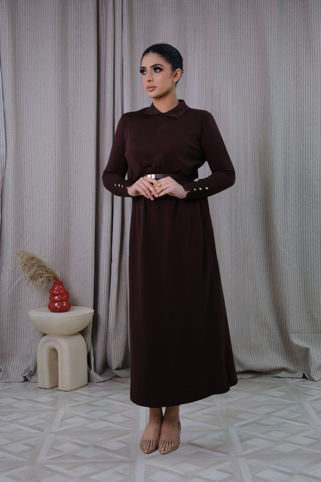 Nayla Brown Belted Dress