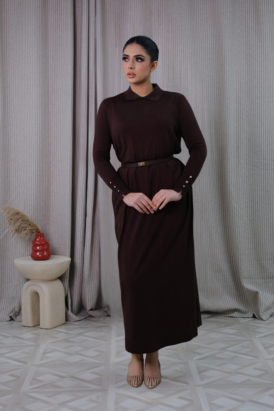 Nayla Brown Belted Dress