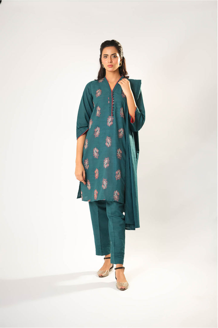 Cotton Khaddar Dyed Turquoise Stitched Suit - Senorita
