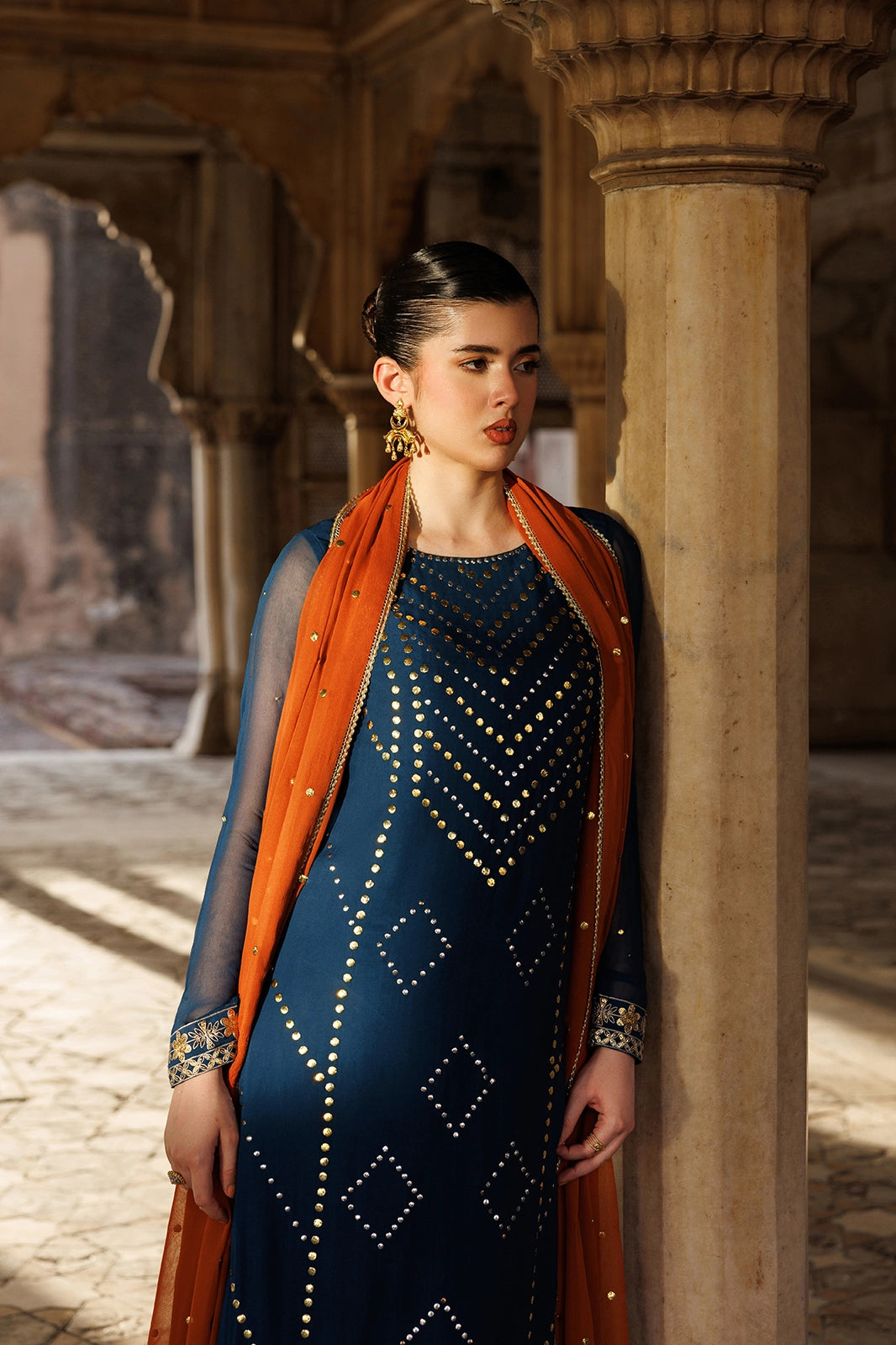 Silk & Chiffon Navy Blue Stitched Suit - Vanya