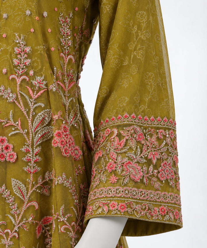 Raw Silk Green Stitched Suit - J. Junaid Jamshed