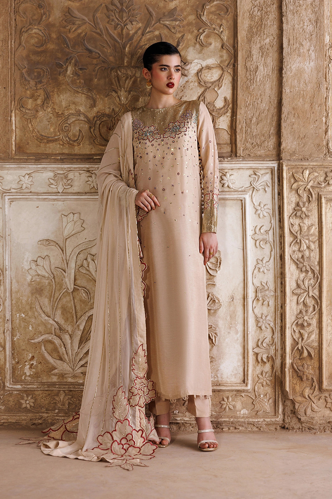 Silk & Chiffon Beige Stitched Suit - Vanya