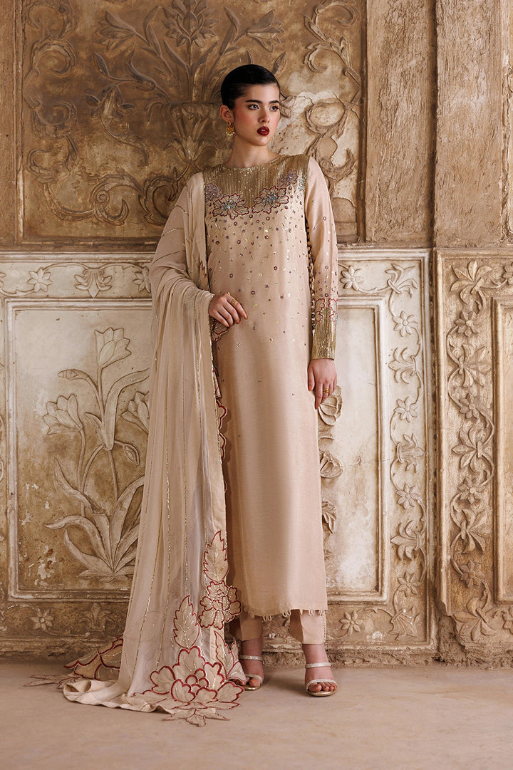 Silk & Chiffon Beige Stitched Suit - Vanya