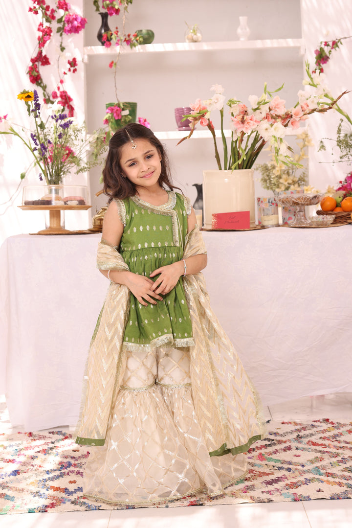 Cotton & Organza Lorex Gharara Suit Leaf Green - Sana's