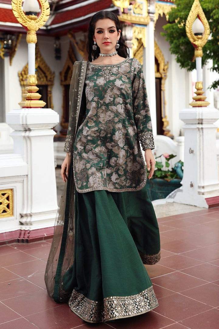 Embroidered Raw Silk Green Stitched Suit - Charizma