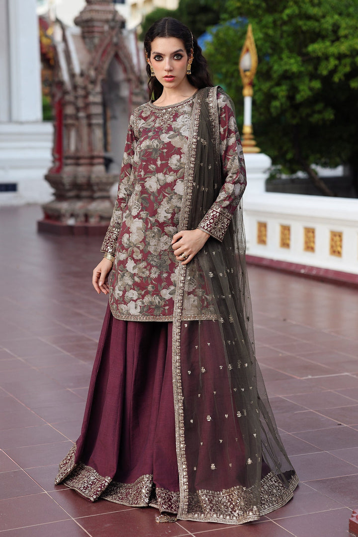 Embroidered Raw Silk Maroon Stitched Suit - Charizma