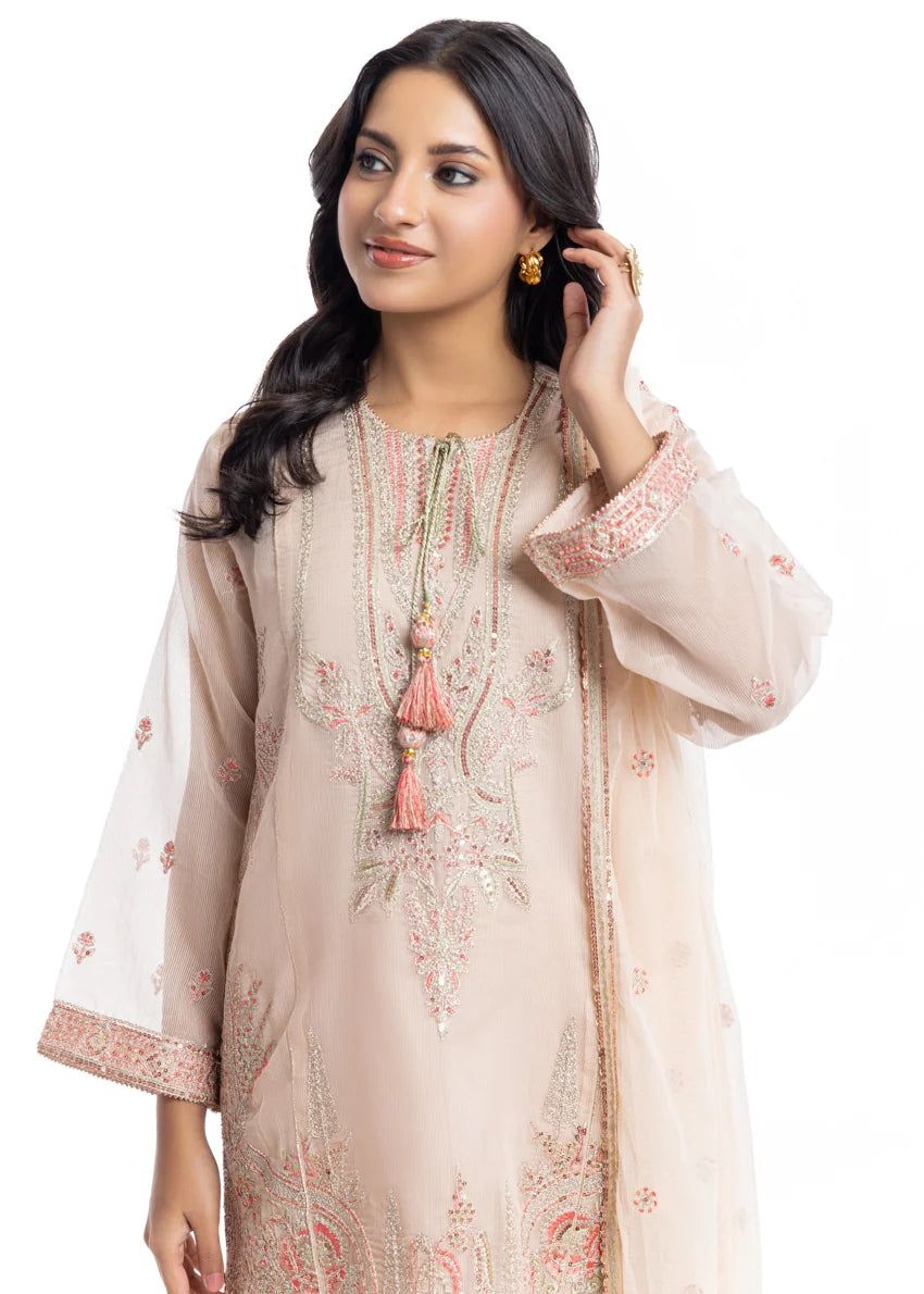 Textured Net Pink Stitched Suit - Bonanza