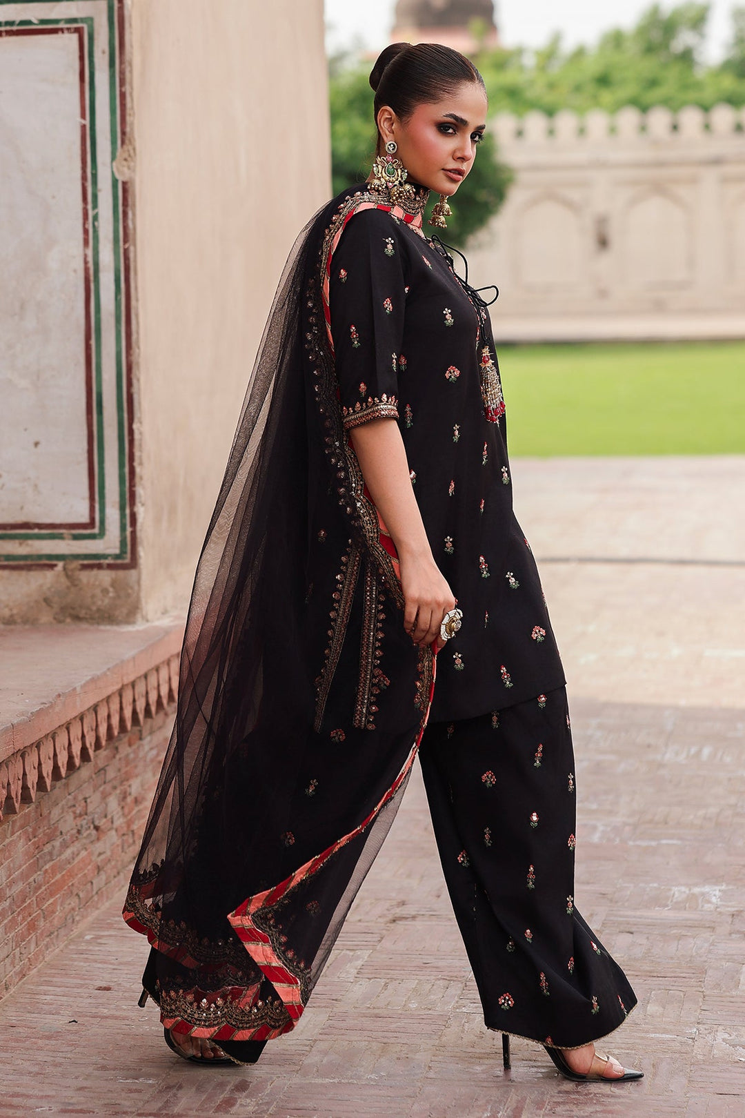 Embroidered Raw Silk Black Stitched Suit - Charizma