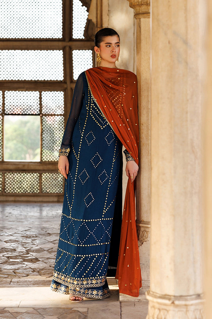 Silk & Chiffon Navy Blue Stitched Suit - Vanya