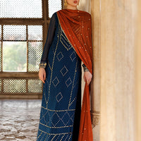 Silk & Chiffon Navy Blue Stitched Suit - Vanya