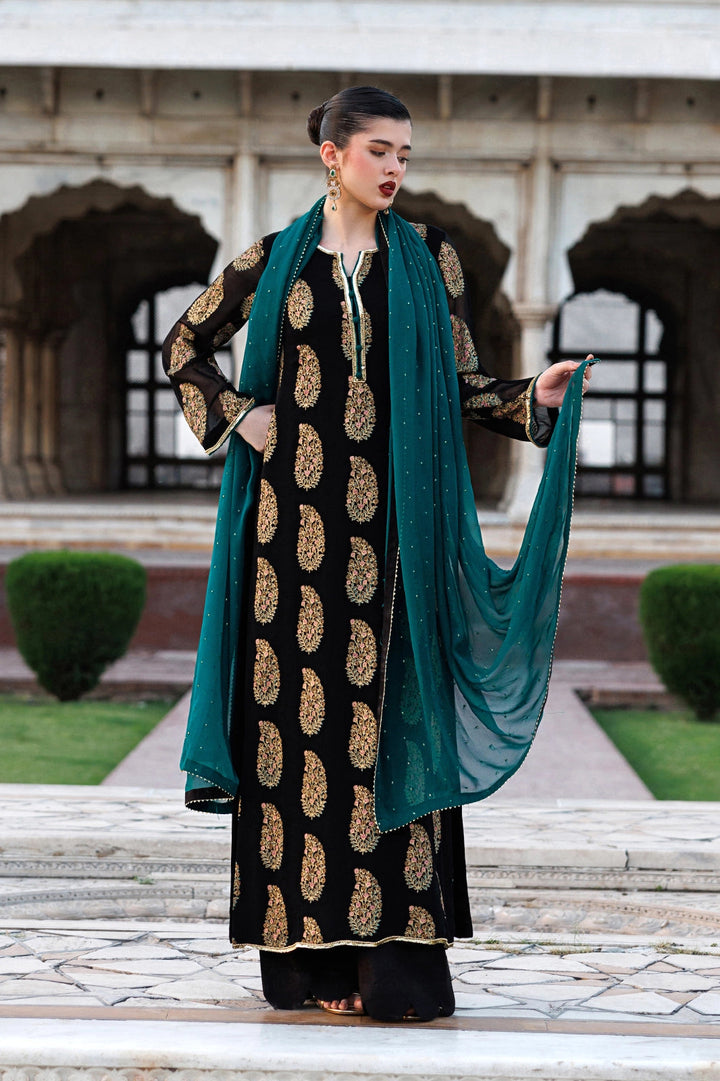 Silk & Chiffon Black Stitched Suit - Vanya