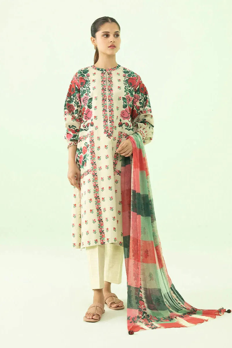 Printed Khaddar Off White 3 Piece Suit - Sapphire