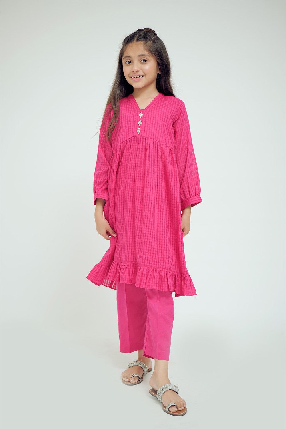 Cotton Self Dobby Check Shocking Pink Stitched Suit - Senorita