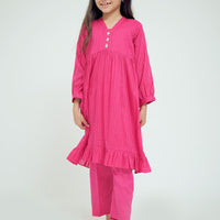 Cotton Self Dobby Check Shocking Pink Stitched Suit - Senorita