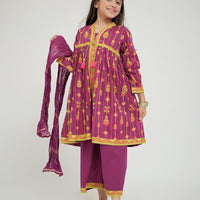 Cotton Gold Print Lawn Magenta Stitched Suit - Senorita