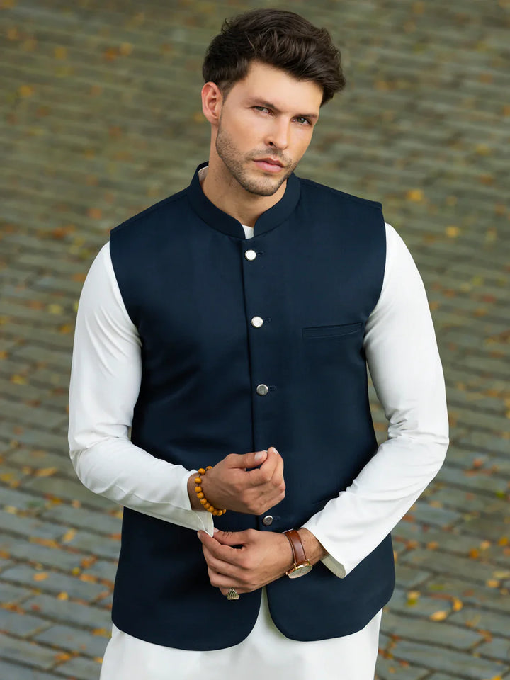 Taflon Rayon Navy Blue Waist Coat - Almirah