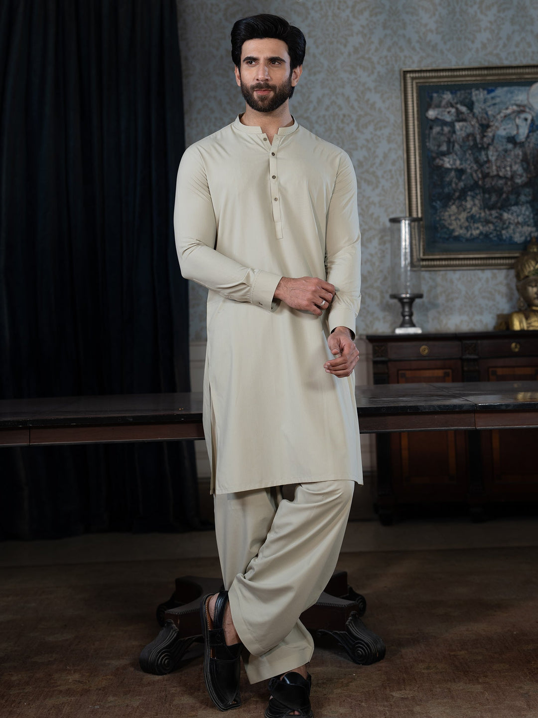 Blended Stripes Moss Grey Kurta Trouser - J. Junaid Jamshed