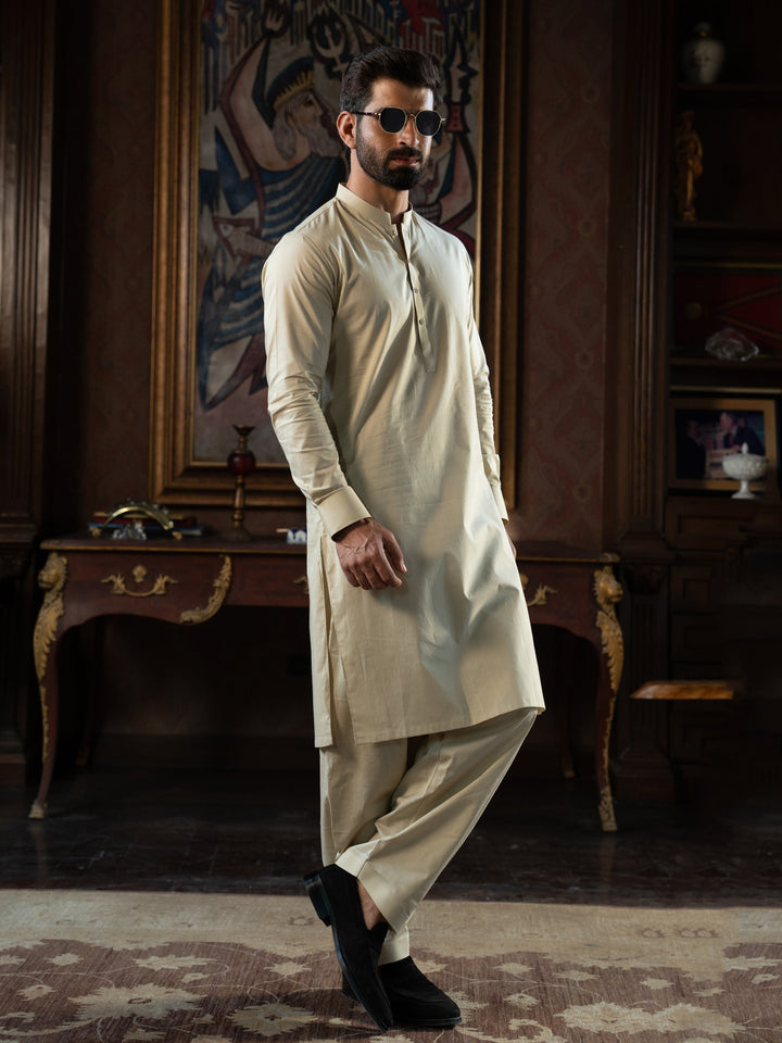Textured Cotton Cream Kurta Trouser - J. Junaid Jamshed