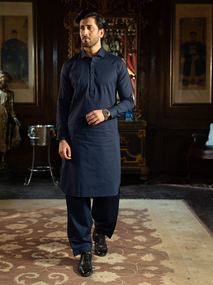 Textured Cotton Blue Kurta Trouser - J. Junaid Jamshed