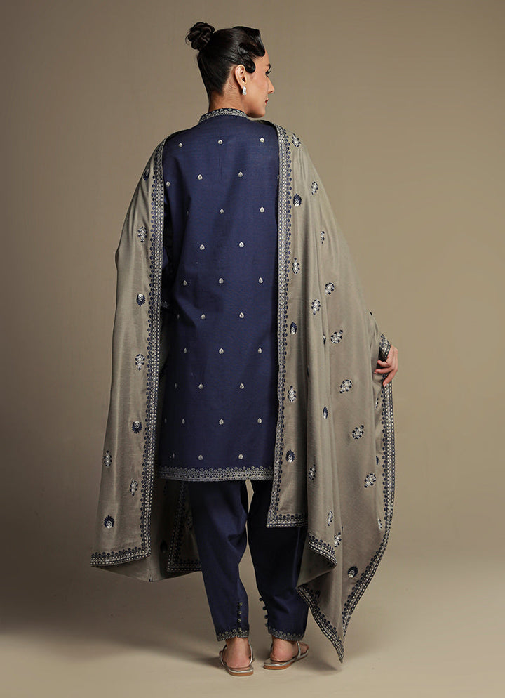 Khaddar/Acrylic Shawl Blue Stitched Suit - Image