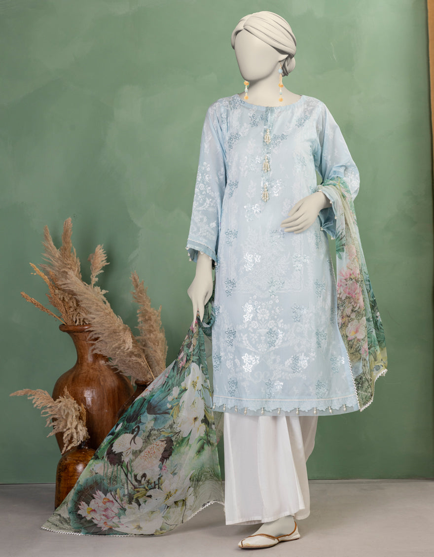 Lawn Blue Unstitched Suit - J. Junaid Jamshed