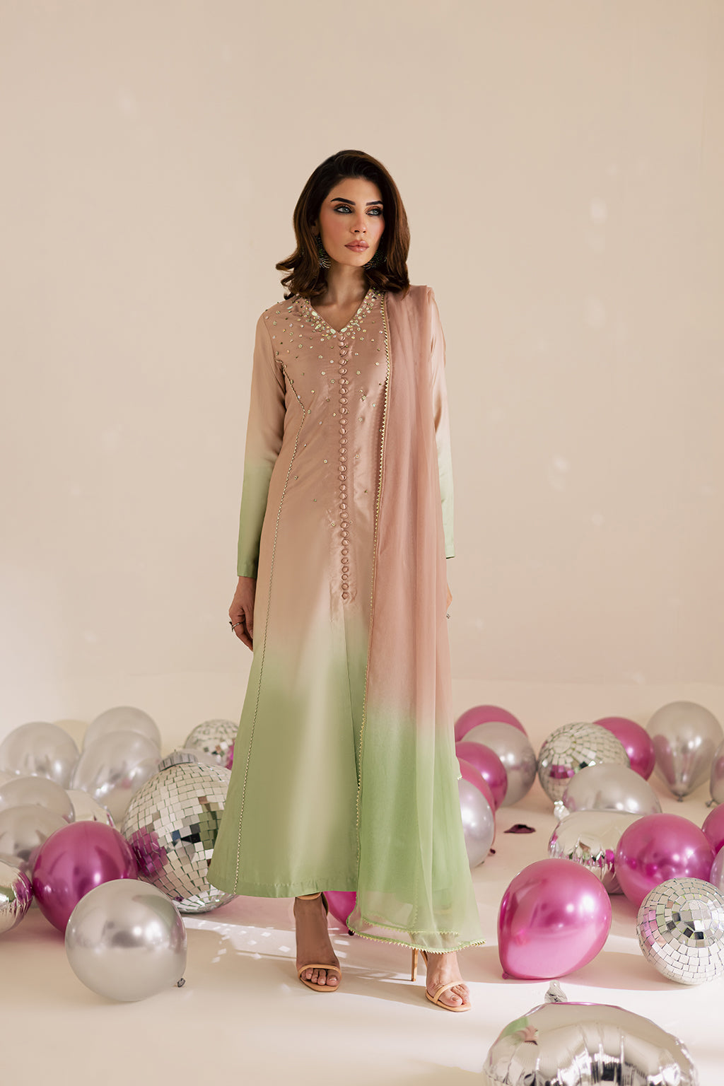 Charmeuse Silk & Chiffon Beige Stitched Suit - Vanya