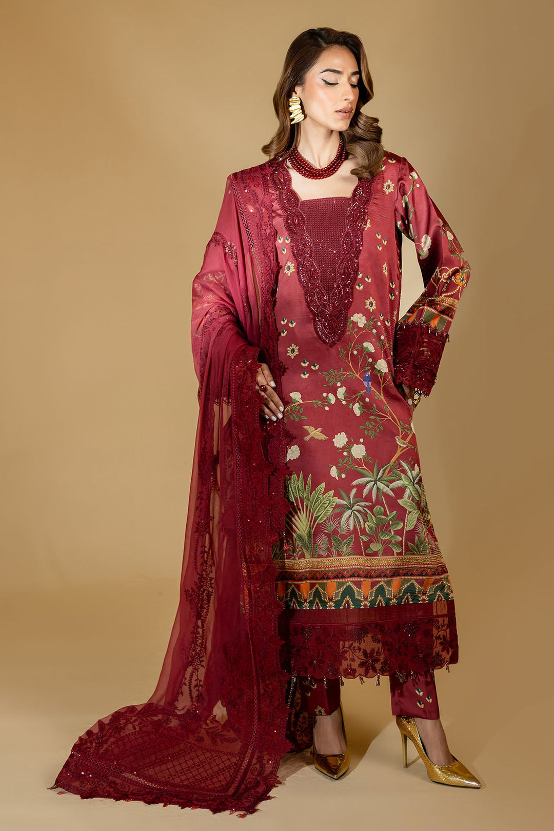 Silk Red Stitched Suit - Nureh