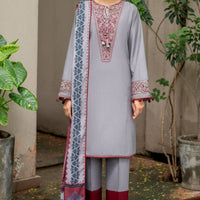 Embroidered Khaddar Grey & Red Stitched Suit - Jazmin