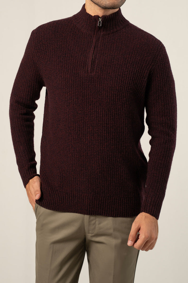 Lambs Wool Burgundy Designer Zipper Sweater - Cambridge