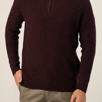 Lambs Wool Burgundy Designer Zipper Sweater - Cambridge