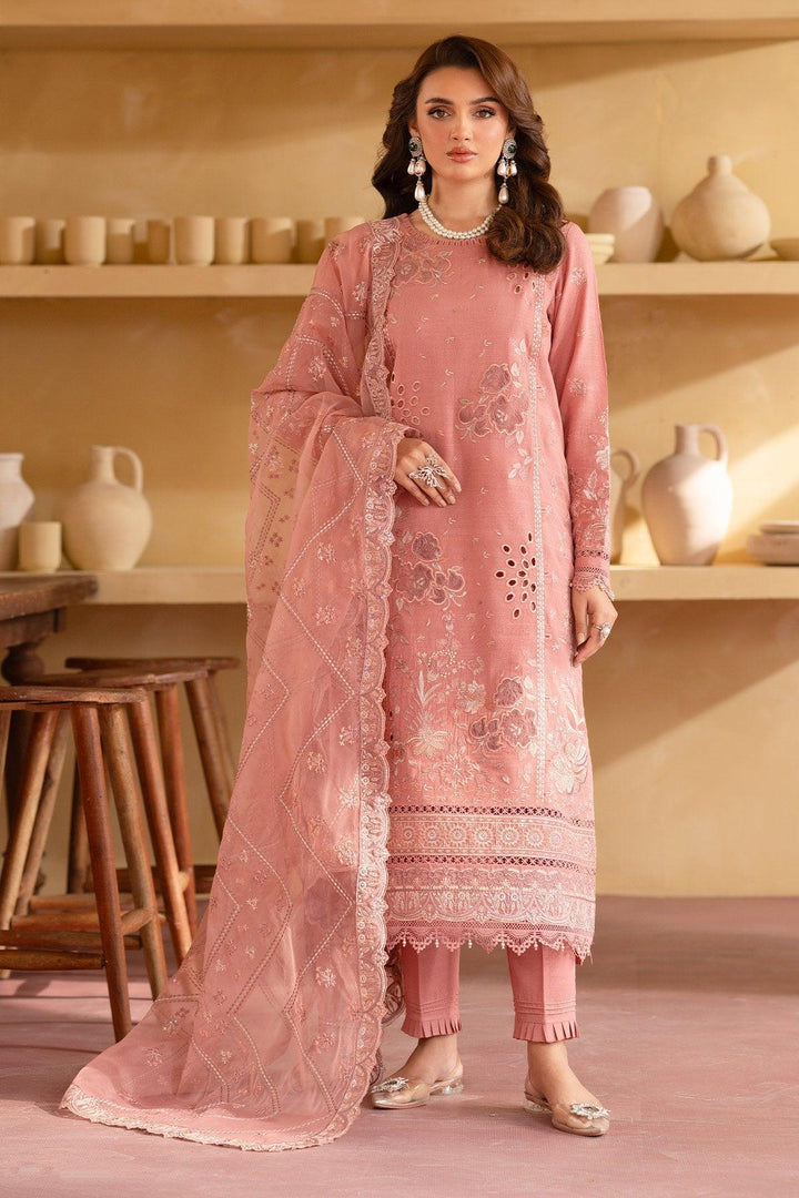 Embroidered Laser Cut Karandi Peach Stitched Suit - Nureh