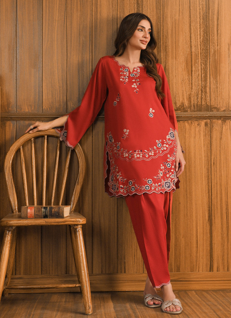 Cotton Satin Red Stitched Suit - Image