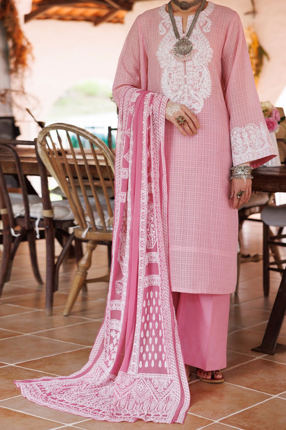 Square Dobby Light Pink Unstitched Suit - Almirah