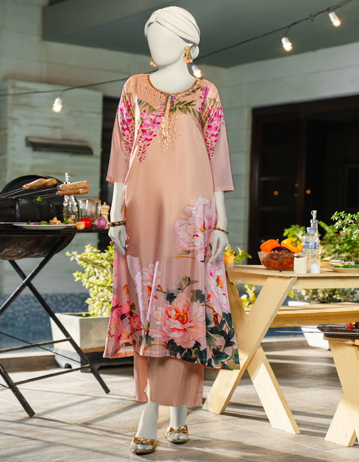Silk Peach Stitched Suit - J. Junaid Jamshed
