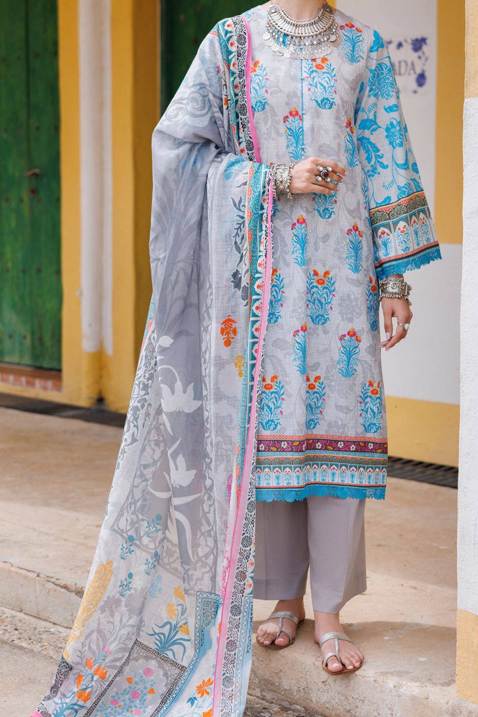 Lawn Sky Blue Unstitched Suit - Almirah