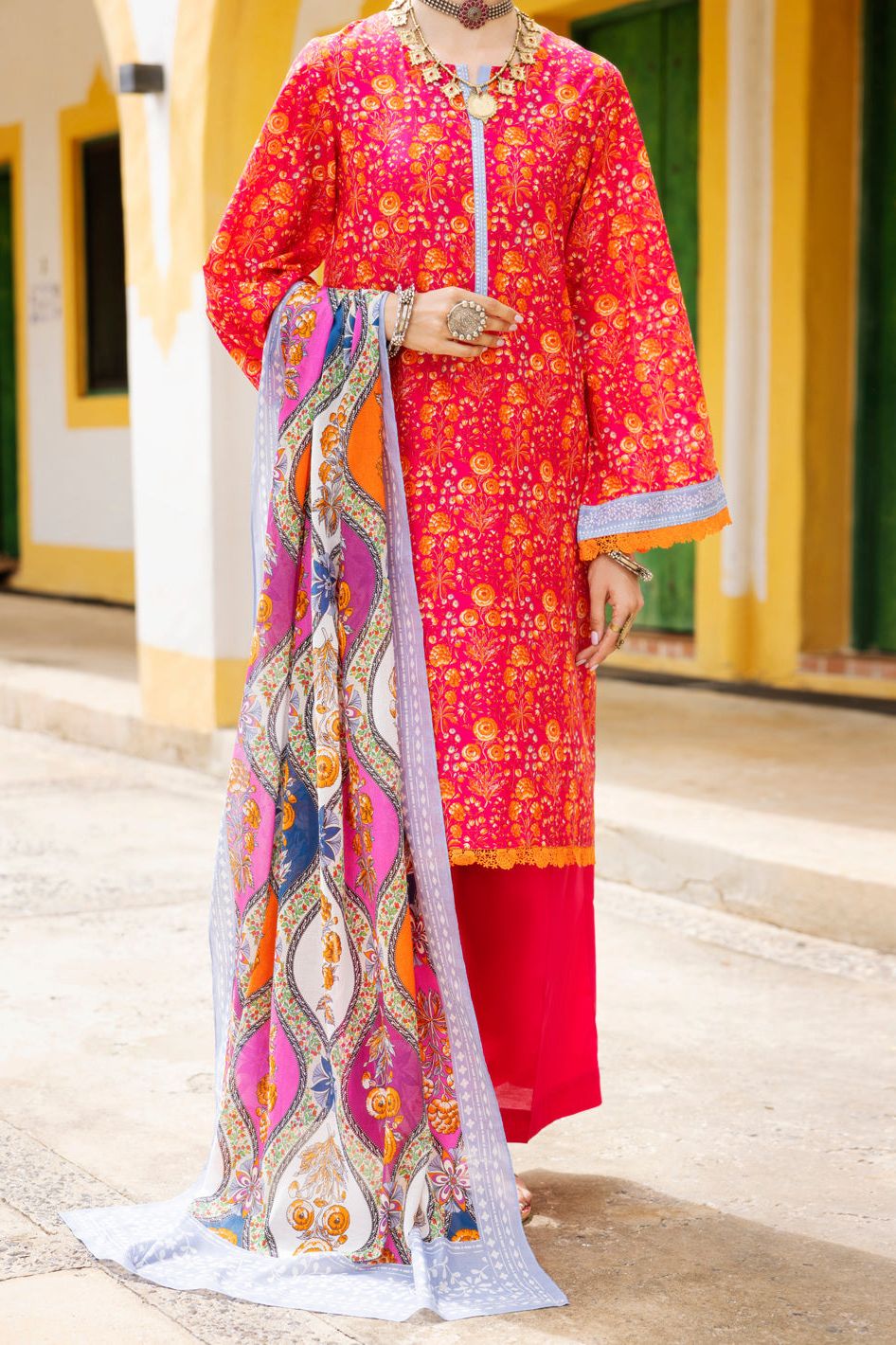 Lawn Red Unstitched Suit - Almirah