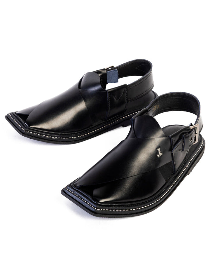 Plain Black Peshawari Chappal - J. Junaid Jamshed