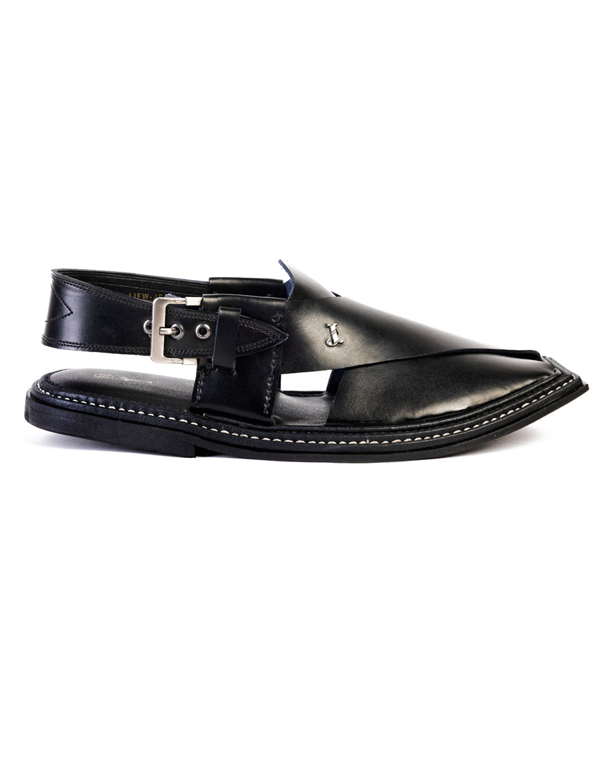 Plain Black Peshawari Chappal - J. Junaid Jamshed
