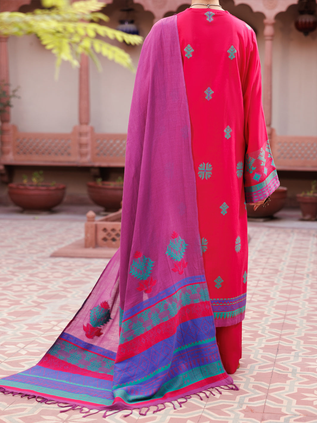 Yarn Dyed Fuchsia Stitched Suit - Almirah