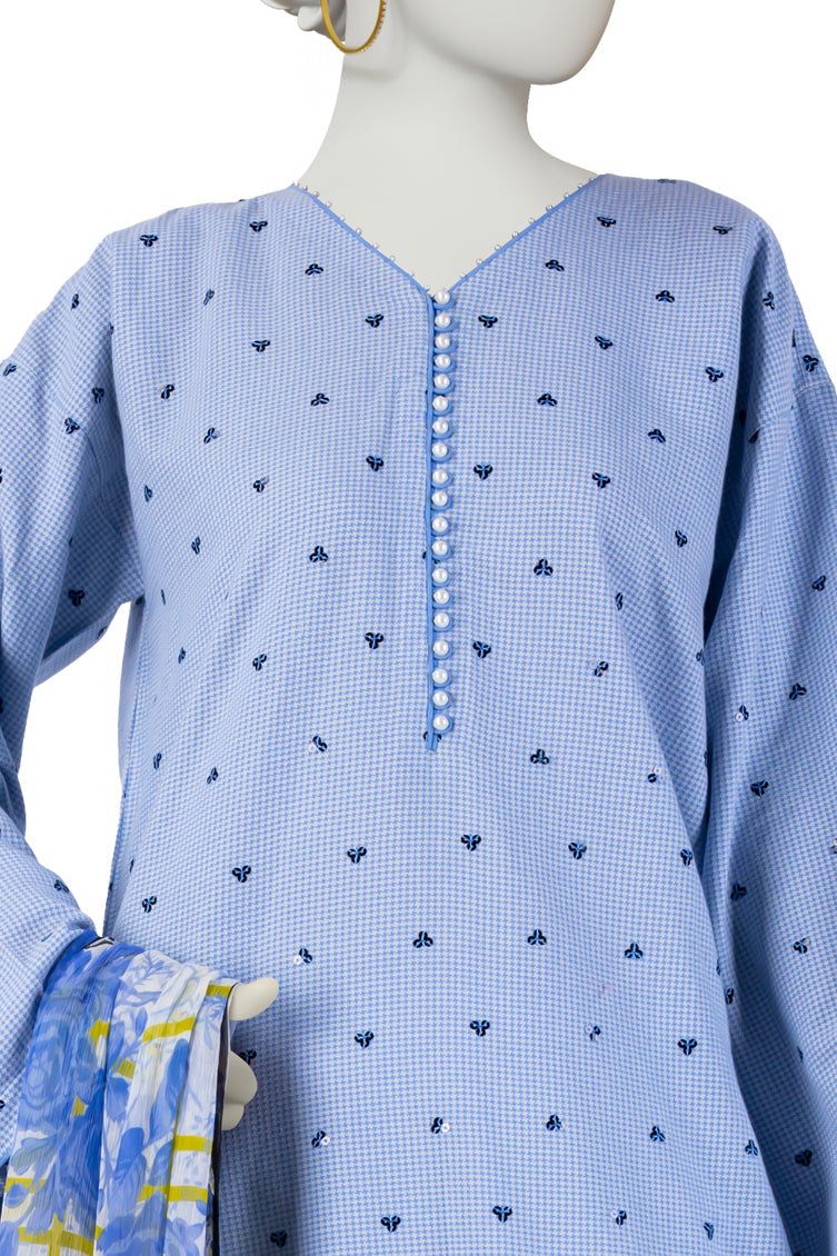 Dobby Blue Stitched Suit - J. Junaid Jamshed