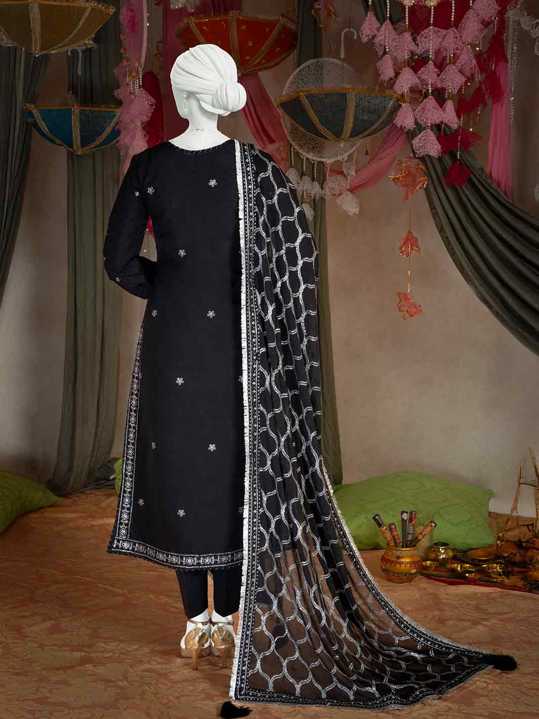 Raw Silk Black Stitched Suit - J. Junaid Jamshed