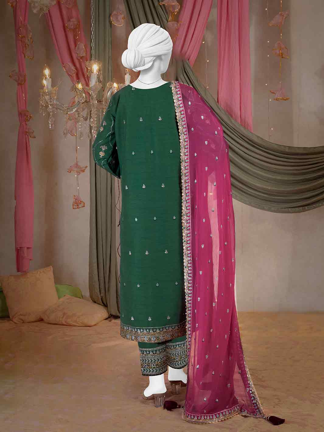 Raw Silk Mehndi Green Stitched Suit - J. Junaid Jamshed