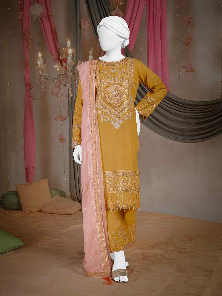 Raw Silk Mustard Stitched Suit - J. Junaid Jamshed
