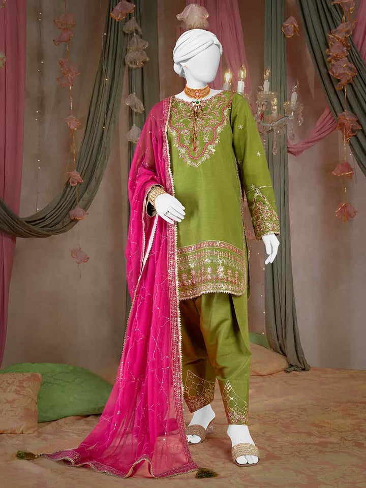 Raw Silk Parrot Green Stitched Suit - J. Junaid Jamshed